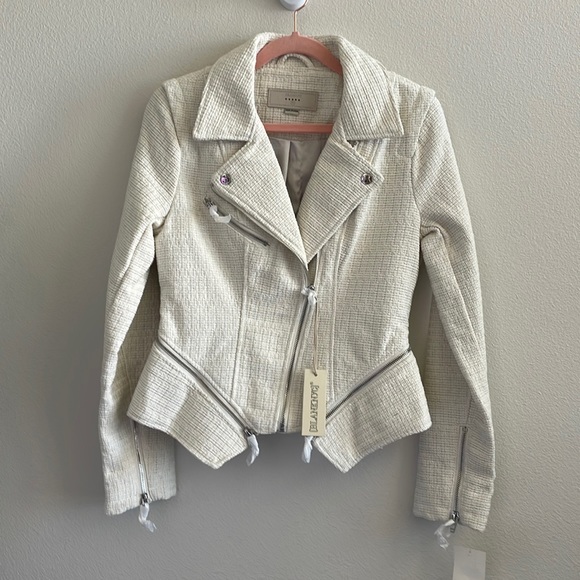 NWT BLANKNYC Tweed Fitted Zipper Moto Jacket in Off-White - Picture 7 of 12